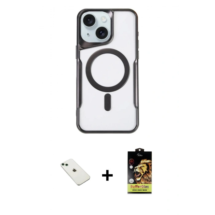 MARSİLYAN™- iPhone 14 Kılıf Yadigar Klasik Özel Seri - Siyah Buffer Cam Ekran Koruyucu + Diamond Kamera Lens - YL