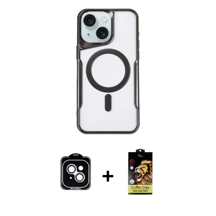 MARSİLYAN™- iPhone 14 Kılıf Yadigar Klasik Özel Seri - Siyah Buffer Cam Ekran Koruyucu + Gümüş PVD Metal Kamera Lens