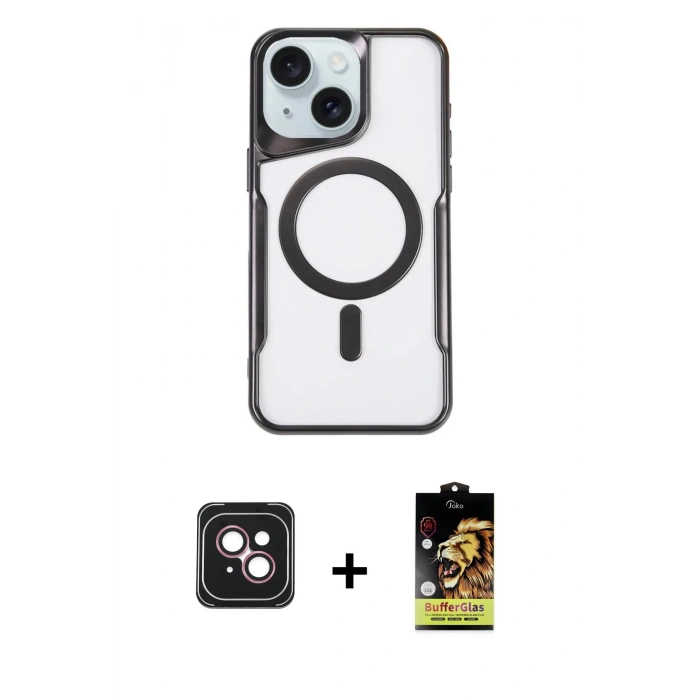 MARSİLYAN™- iPhone 14 Kılıf Yadigar Klasik Özel Seri - Siyah Buffer Cam Ekran Koruyucu + PVD Metal Kamera Lens - PE