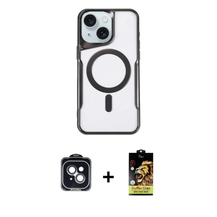 MARSİLYAN™- iPhone 14 Kılıf Yadigar Klasik Özel Seri - Siyah Buffer Cam Ekran Koruyucu + PVD Metal Kamera Lens - SH