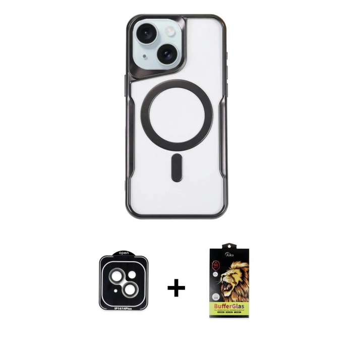 MARSİLYAN™- iPhone 14 Kılıf Yadigar Klasik Özel Seri - Siyah Buffer Cam Ekran Koruyucu + PVD Metal Kamera Lens - YL