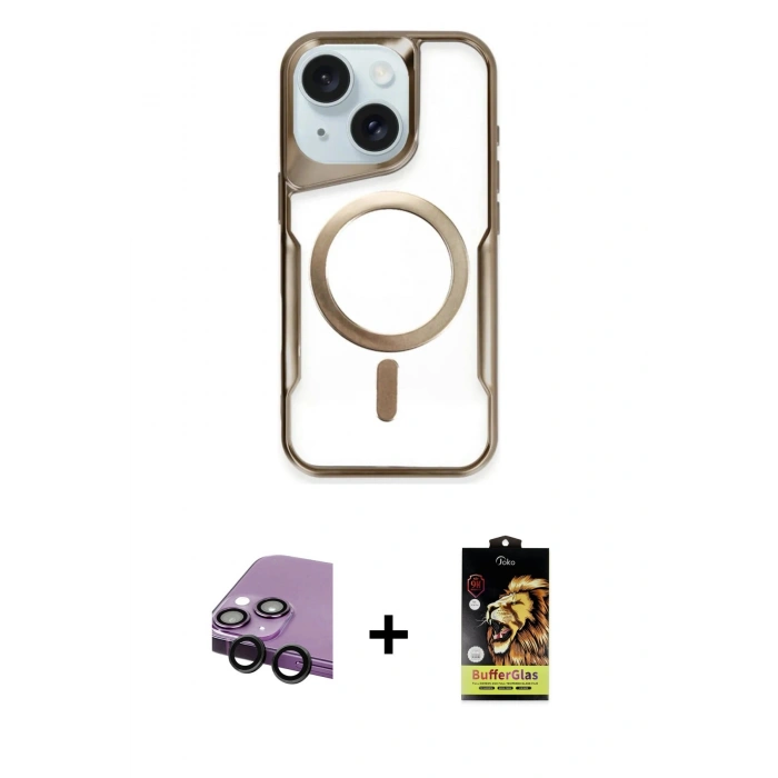 MARSİLYAN™- iPhone 14 Kılıf Yadigar Klasik Özel Seri - Siyah Buffer Cam Ekran Koruyucu + Raze Metal Kamera Lens - SH