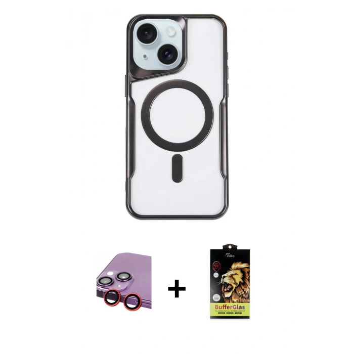 MARSİLYAN™- iPhone 14 Kılıf Yadigar Klasik Özel Seri - Siyah Buffer Cam Ekran Koruyucu + Raze Metal Kamera Lens - KI
