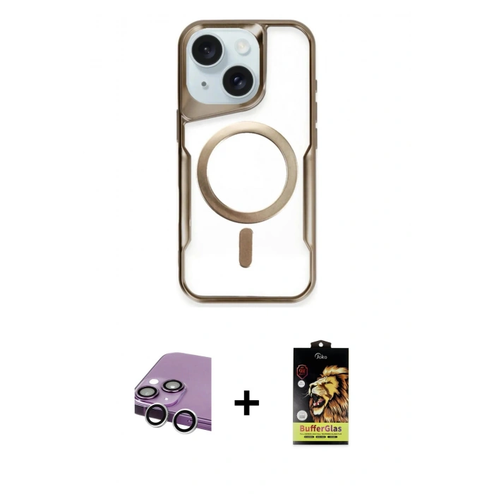 MARSİLYAN™- iPhone 14 Kılıf Yadigar Klasik Özel Seri - Siyah Buffer Cam Ekran Koruyucu + Raze Metal Kamera Lens - GS