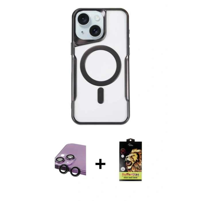 MARSİLYAN™- iPhone 14 Kılıf Yadigar Klasik Özel Seri - Siyah Buffer Cam Ekran Koruyucu + Raze Metal Kamera Lens - SH