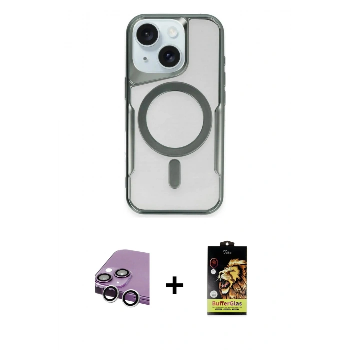MARSİLYAN™- iPhone 14 Kılıf Yadigar Klasik Özel Seri - Siyah Buffer Cam Ekran Koruyucu + Raze Metal Kamera Lens - GS