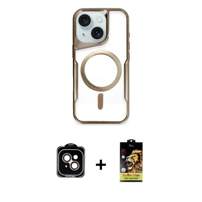 MARSİLYAN™- iPhone 14 Kılıf Yadigar Klasik Özel Seri - Siyah Buffer Cam Ekran Koruyucu + Turuncu PVD Metal Kamera Lens