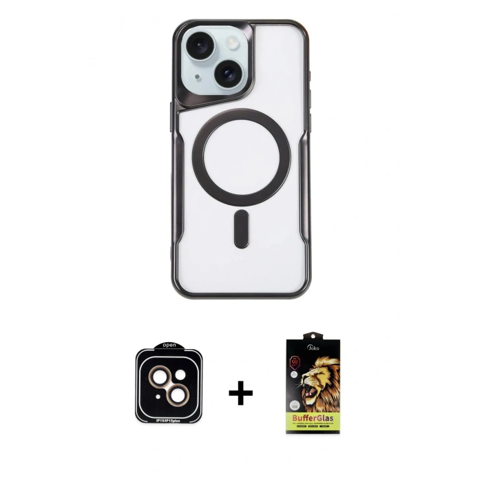 MARSİLYAN™- iPhone 14 Kılıf Yadigar Klasik Özel Seri - Siyah Buffer Cam Ekran Koruyucu + Turuncu PVD Metal Kamera Lens