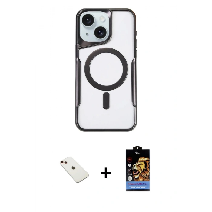 MARSİLYAN™- iPhone 14 Kılıf Yadigar Klasik Özel Seri - Siyah Buffer Hayalet Cam Ekran Koruyucu + Kırmızı Diamond Kamera Lens