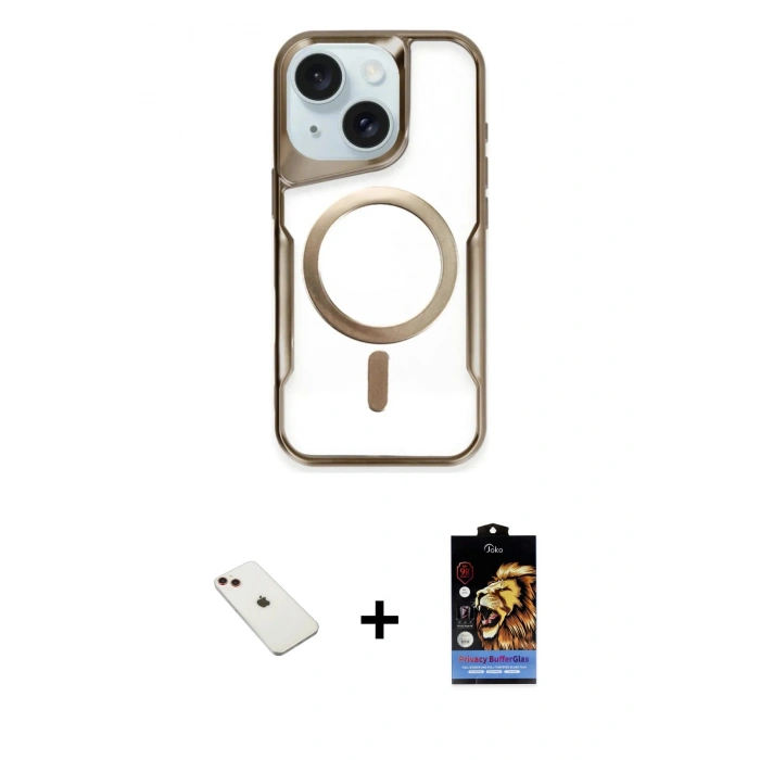 MARSİLYAN™- iPhone 14 Kılıf Yadigar Klasik Özel Seri - Siyah Buffer Hayalet Cam Ekran Koruyucu + Kırmızı Diamond Kamera Lens