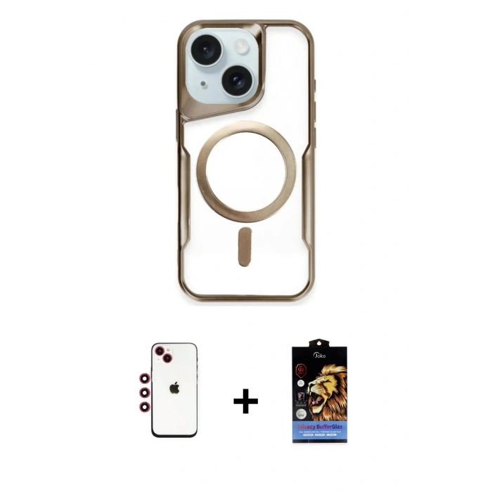 MARSİLYAN™- iPhone 14 Kılıf Yadigar Klasik Özel Seri - Siyah Buffer Hayalet Cam Ekran Koruyucu + Kırmızı Shine Kamera Lens