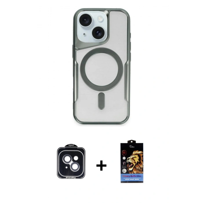 MARSİLYAN™- iPhone 14 Kılıf Yadigar Klasik Özel Seri - Siyah Buffer Hayalet Cam Ekran Koruyucu + PVD Metal Kamera Lens - SH