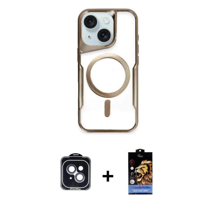 MARSİLYAN™- iPhone 14 Kılıf Yadigar Klasik Özel Seri - Siyah Buffer Hayalet Cam Ekran Koruyucu + PVD Metal Kamera Lens - SH