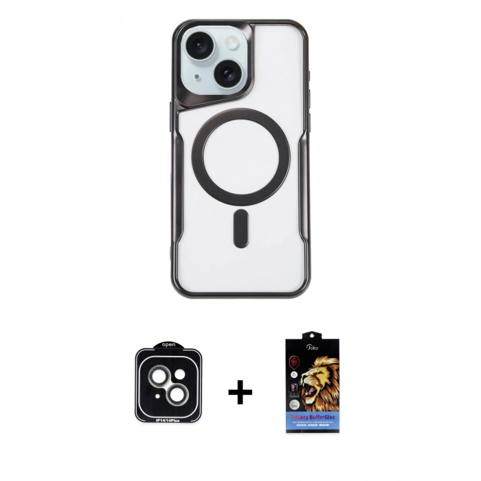 MARSİLYAN™- iPhone 14 Kılıf Yadigar Klasik Özel Seri - Siyah Buffer Hayalet Cam Ekran Koruyucu + PVD Metal Kamera Lens - YL