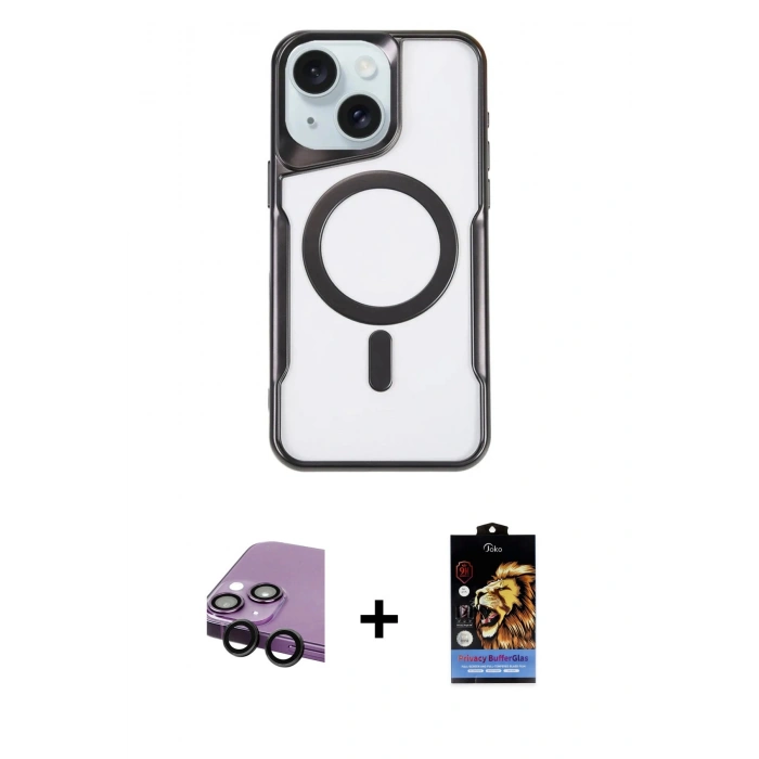 MARSİLYAN™- iPhone 14 Kılıf Yadigar Klasik Özel Seri - Siyah Buffer Hayalet Cam Ekran Koruyucu + Raze Metal Kamera Lens - SH