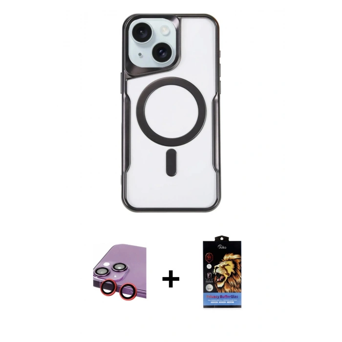 MARSİLYAN™- iPhone 14 Kılıf Yadigar Klasik Özel Seri - Siyah Buffer Hayalet Cam Ekran Koruyucu + Raze Metal Kamera Lens - KI