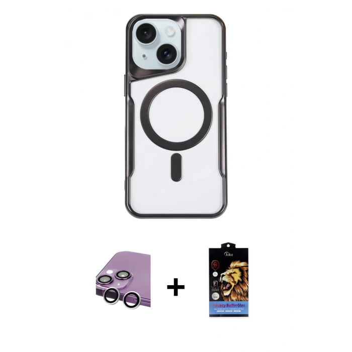 MARSİLYAN™- iPhone 14 Kılıf Yadigar Klasik Özel Seri - Siyah Buffer Hayalet Cam Ekran Koruyucu + Raze Metal Kamera Lens - GS