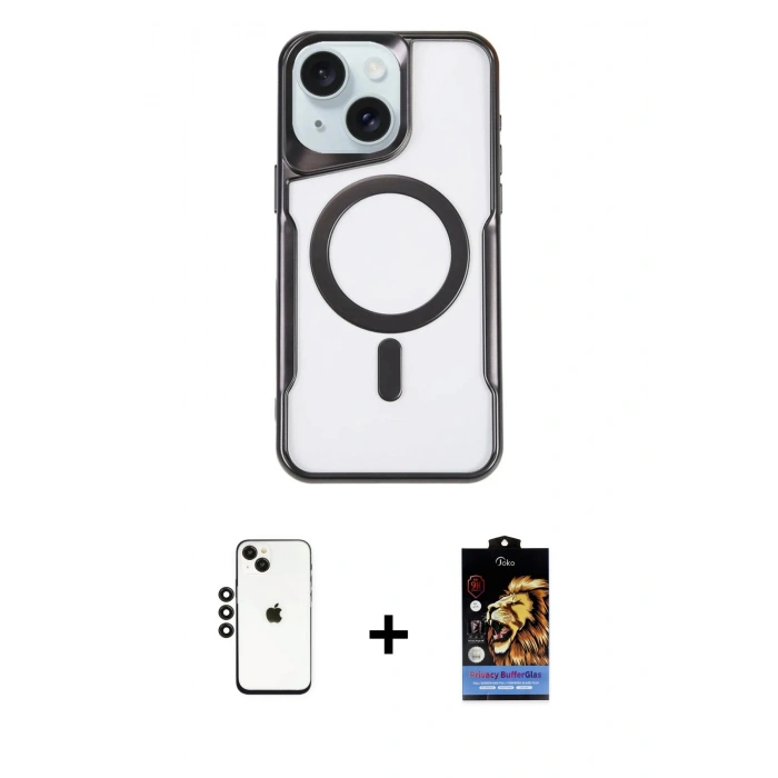 MARSİLYAN™- iPhone 14 Kılıf Yadigar Klasik Özel Seri - Siyah Buffer Hayalet Cam Ekran Koruyucu + Shine Kamera Lens - SH