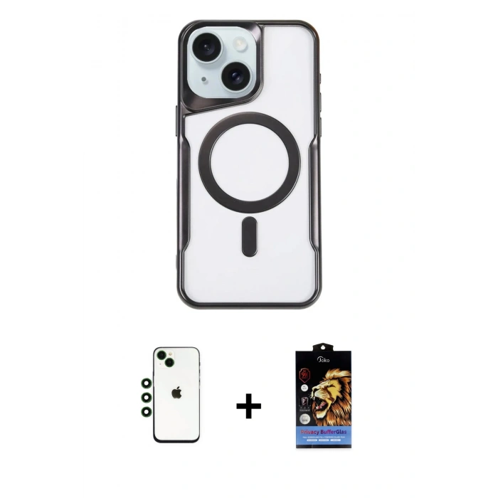 MARSİLYAN™- iPhone 14 Kılıf Yadigar Klasik Özel Seri - Siyah Buffer Hayalet Cam Ekran Koruyucu + Shine Kamera Lens - YL
