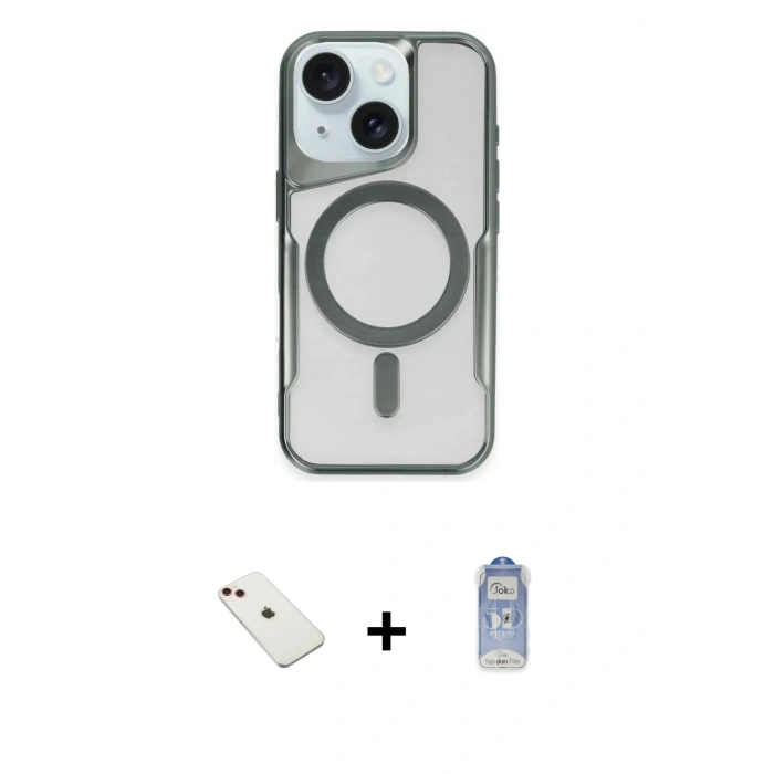 MARSİLYAN™- iPhone 14 Kılıf Yadigar Klasik Özel Seri - Siyah Joko Magic 5D Cam + Kırmızı Diamond Kamera Lens