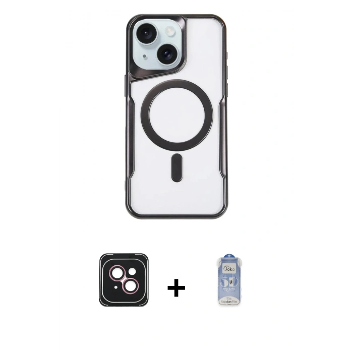 MARSİLYAN™- iPhone 14 Kılıf Yadigar Klasik Özel Seri - Siyah Joko Magic 5D Cam + PVD Metal Kamera Lens - PE