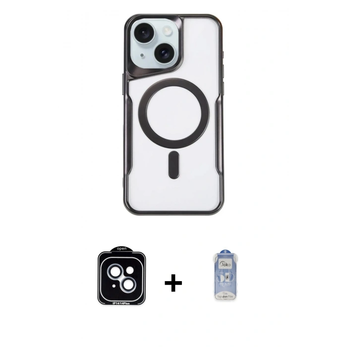MARSİLYAN™- iPhone 14 Kılıf Yadigar Klasik Özel Seri - Siyah Joko Magic 5D Cam + PVD Metal Kamera Lens - MI