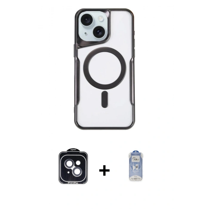 MARSİLYAN™- iPhone 14 Kılıf Yadigar Klasik Özel Seri - Siyah Joko Magic 5D Cam + PVD Metal Kamera Lens - SH