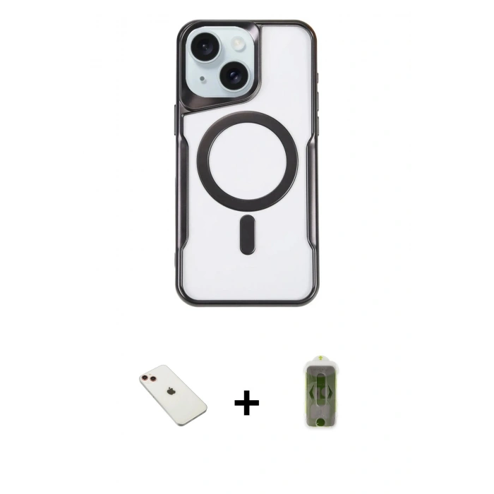 MARSİLYAN™- iPhone 14 Kılıf Yadigar Klasik Özel Seri - Siyah Joko Magic 5D Hayalet Cam + Diamond Kamera Lens - KI