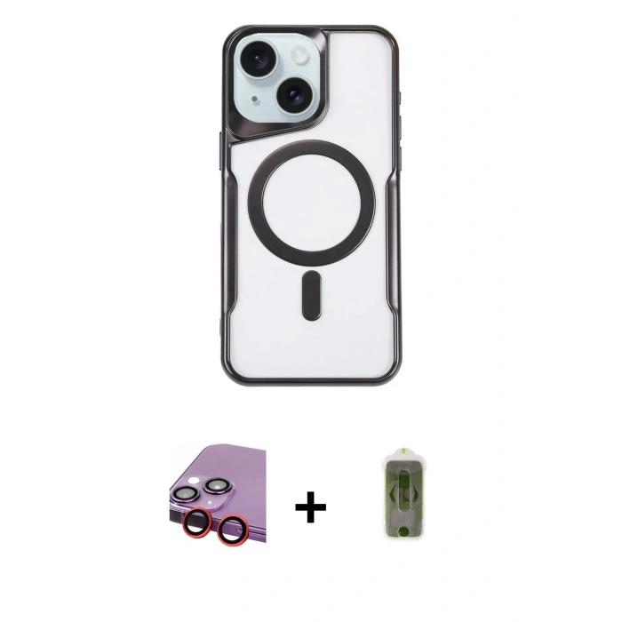 MARSİLYAN™- iPhone 14 Kılıf Yadigar Klasik Özel Seri - Siyah Joko Magic 5D Hayalet Cam + Kırmızı Raze Metal Kamera Lens