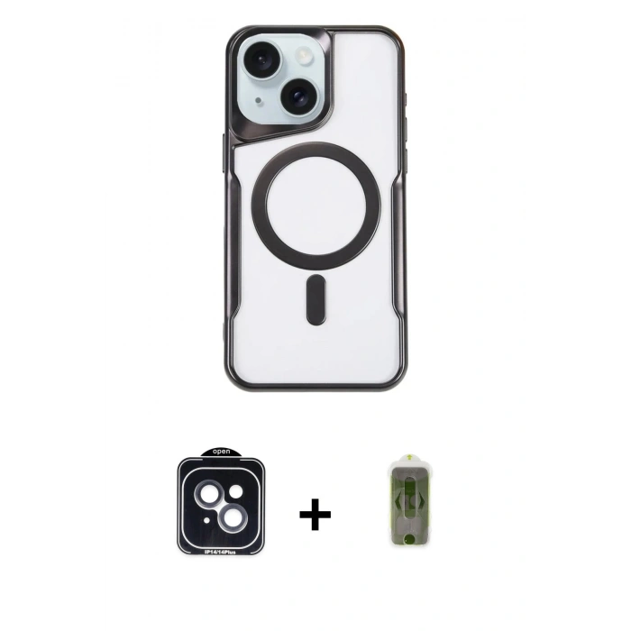 MARSİLYAN™- iPhone 14 Kılıf Yadigar Klasik Özel Seri - Siyah Joko Magic 5D Hayalet Cam + PVD Metal Kamera Lens - SH