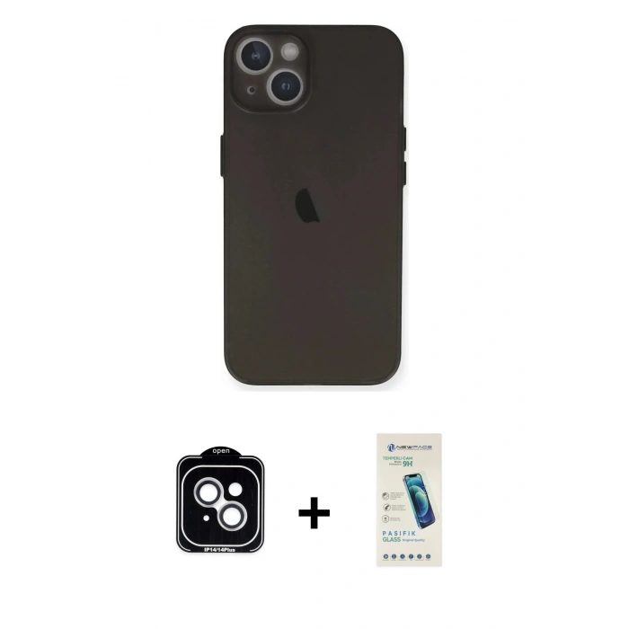 MARSİLYAN™- iPhone 14 Kılıf Yadigar Yansıma Serisi - Şeffaf Pasifik Cam Ekran Koruyucu + PVD Metal Kamera Lens - GS
