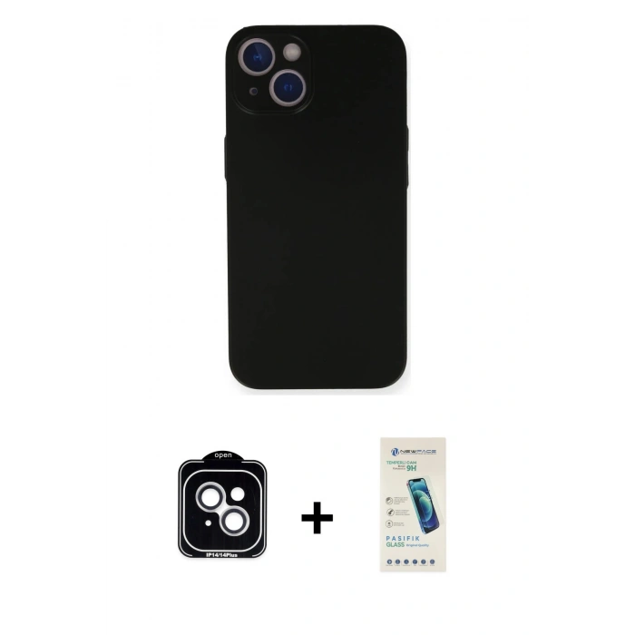 MARSİLYAN™- iPhone 14 Kılıf Yadigar Yansıma Serisi - Şeffaf Pasifik Cam Ekran Koruyucu + PVD Metal Kamera Lens - GS
