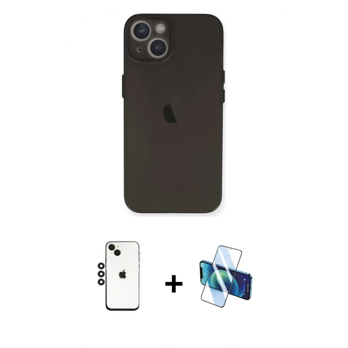 MARSİLYAN™- iPhone 14 Kılıf Yadigar Yansıma Serisi - Siyah 3D Antistatik Cam Ekran Koruyucu + Shine Kamera Lens - SH