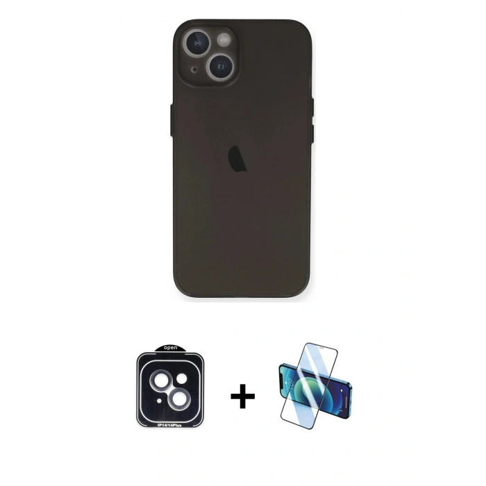 MARSİLYAN™- iPhone 14 Kılıf Yadigar Yansıma Serisi - Siyah 3D Antistatik Cam Ekran Koruyucu + PVD Metal Kamera Lens - SH