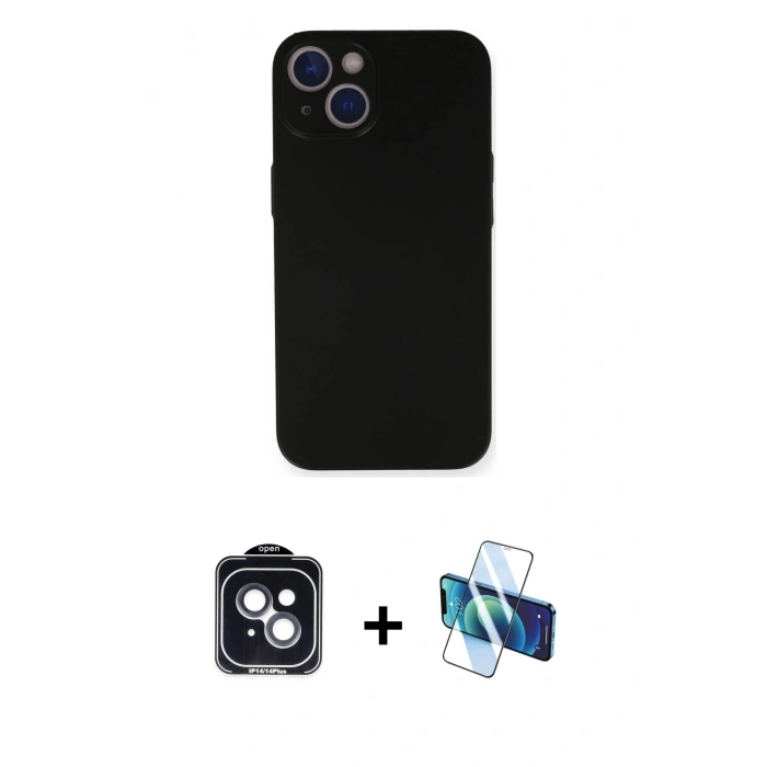 MARSİLYAN™- iPhone 14 Kılıf Yadigar Yansıma Serisi - Siyah 3D Antistatik Cam Ekran Koruyucu + PVD Metal Kamera Lens - SH