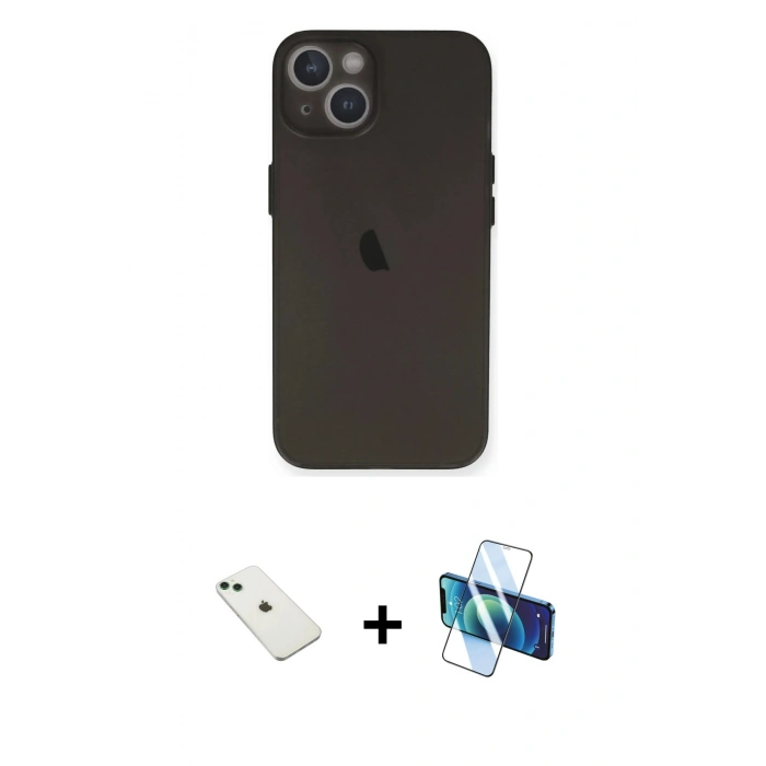 MARSİLYAN™- iPhone 14 Kılıf Yadigar Yansıma Serisi - Siyah 3D Antistatik Cam Ekran Koruyucu + Diamond Kamera Lens - YL
