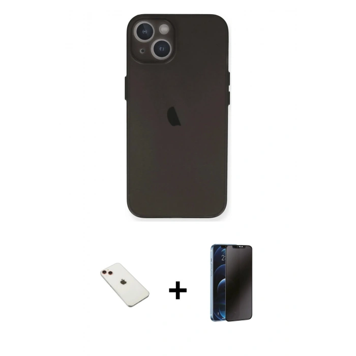 MARSİLYAN™- iPhone 14 Kılıf Yadigar Yansıma Serisi - Siyah 3D Antistatik Hayalet Cam Ekran Koruyucu + Diamond Kamera Lens - KI