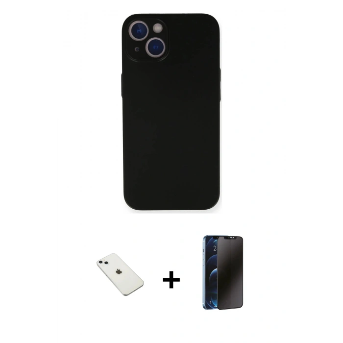 MARSİLYAN™- iPhone 14 Kılıf Yadigar Yansıma Serisi - Siyah 3D Antistatik Hayalet Cam Ekran Koruyucu + Diamond Kamera Lens - SABE