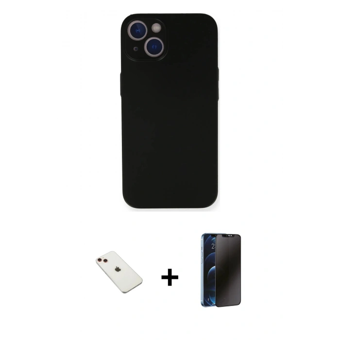 MARSİLYAN™- iPhone 14 Kılıf Yadigar Yansıma Serisi - Siyah 3D Antistatik Hayalet Cam Ekran Koruyucu + Diamond Kamera Lens - KI