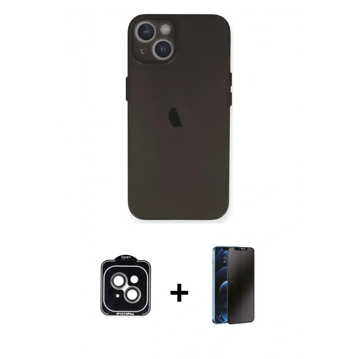 MARSİLYAN™- iPhone 14 Kılıf Yadigar Yansıma Serisi - Siyah 3D Antistatik Hayalet Cam Ekran Koruyucu + PVD Metal Kamera Lens - YL