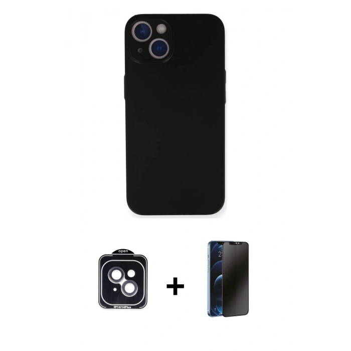 MARSİLYAN™- iPhone 14 Kılıf Yadigar Yansıma Serisi - Siyah 3D Antistatik Hayalet Cam Ekran Koruyucu + PVD Metal Kamera Lens - SH