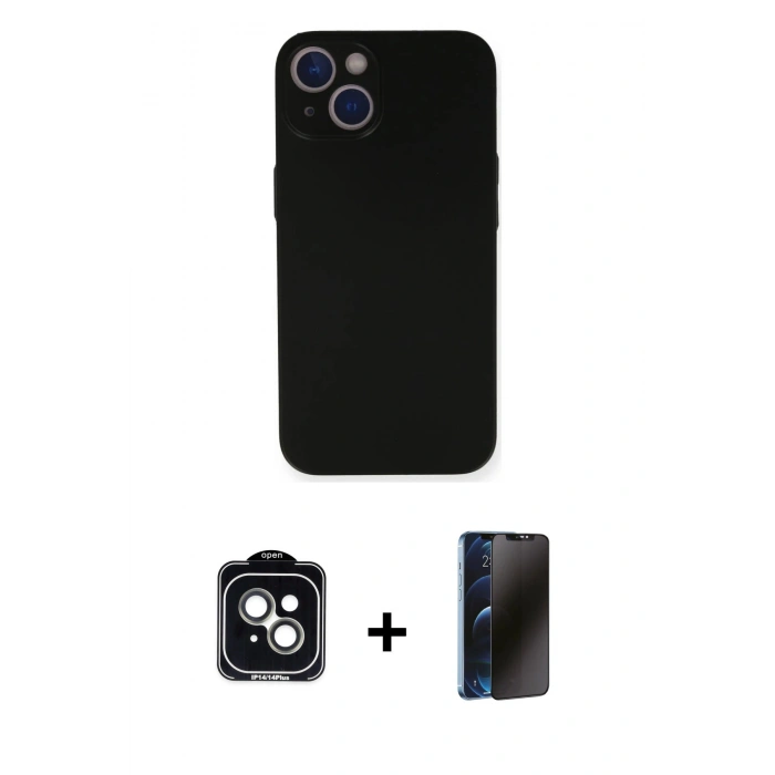 MARSİLYAN™- iPhone 14 Kılıf Yadigar Yansıma Serisi - Siyah 3D Antistatik Hayalet Cam Ekran Koruyucu + PVD Metal Kamera Lens - YL
