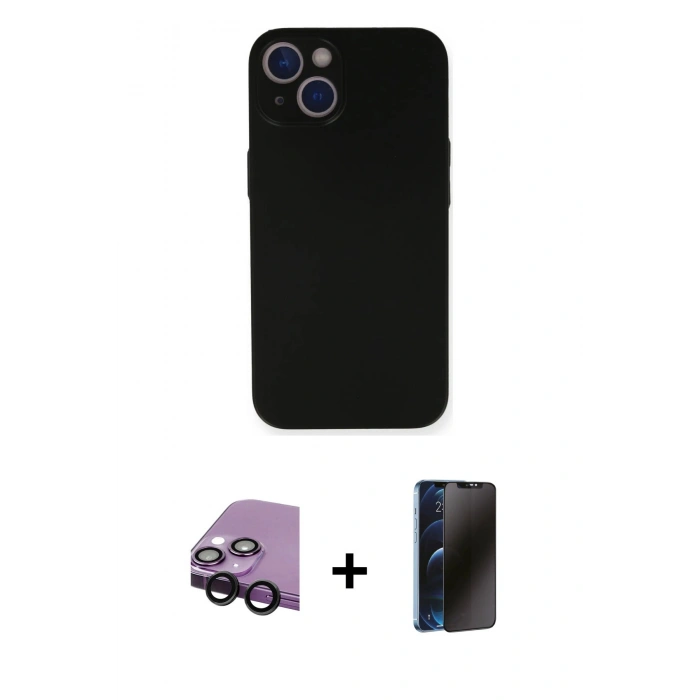 MARSİLYAN™- iPhone 14 Kılıf Yadigar Yansıma Serisi - Siyah 3D Antistatik Hayalet Cam Ekran Koruyucu + Raze Metal Kamera Lens - SH