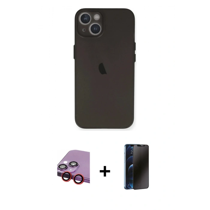 MARSİLYAN™- iPhone 14 Kılıf Yadigar Yansıma Serisi - Siyah 3D Antistatik Hayalet Cam Ekran Koruyucu + Raze Metal Kamera Lens - KI