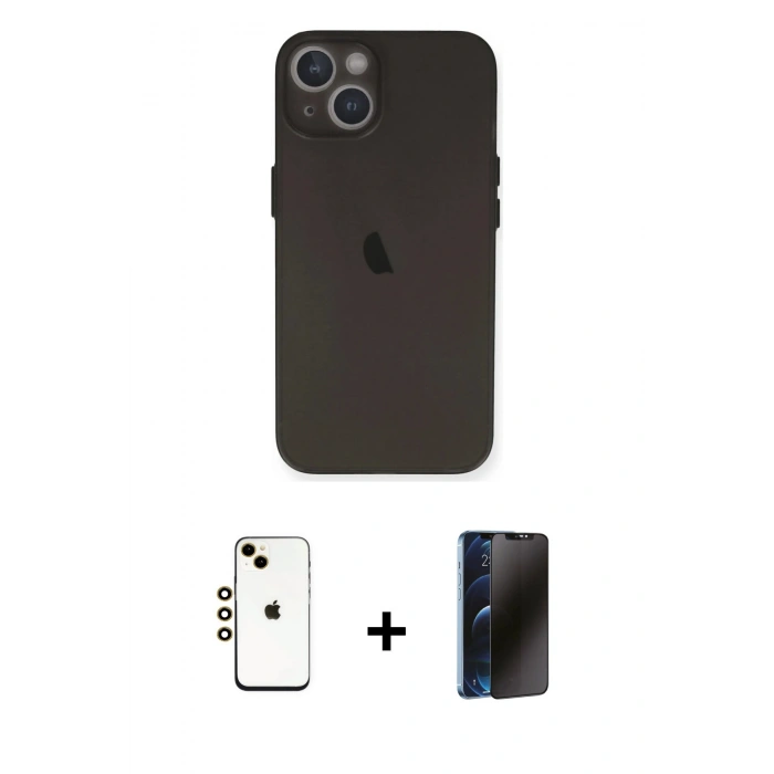MARSİLYAN™- iPhone 14 Kılıf Yadigar Yansıma Serisi - Siyah 3D Antistatik Hayalet Cam Ekran Koruyucu + Shine Kamera Lens - GD