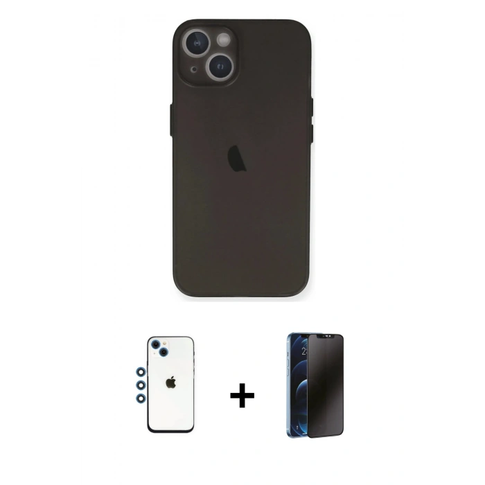MARSİLYAN™- iPhone 14 Kılıf Yadigar Yansıma Serisi - Siyah 3D Antistatik Hayalet Cam Ekran Koruyucu + Shine Kamera Lens - MI