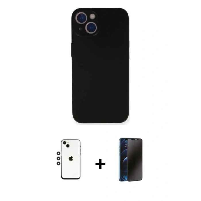 MARSİLYAN™- iPhone 14 Kılıf Yadigar Yansıma Serisi - Siyah 3D Antistatik Hayalet Cam Ekran Koruyucu + Shine Kamera Lens - GS