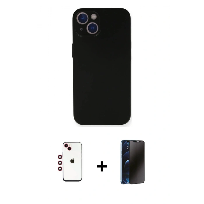 MARSİLYAN™- iPhone 14 Kılıf Yadigar Yansıma Serisi - Siyah 3D Antistatik Hayalet Cam Ekran Koruyucu + Shine Kamera Lens - KI