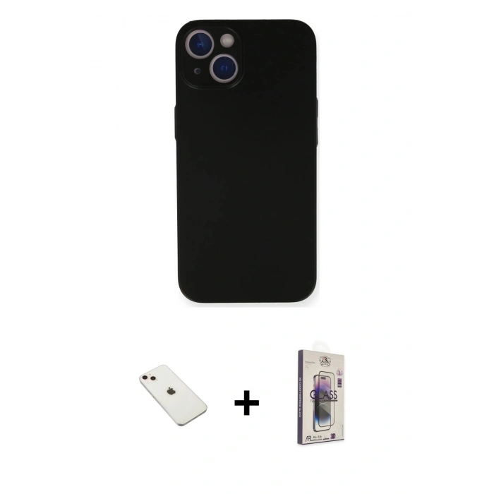 MARSİLYAN™- iPhone 14 Kılıf Yadigar Yansıma Serisi - Siyah Bilvis 3D Cam Ekran Koruyucu + Diamond Kamera Lens - PE