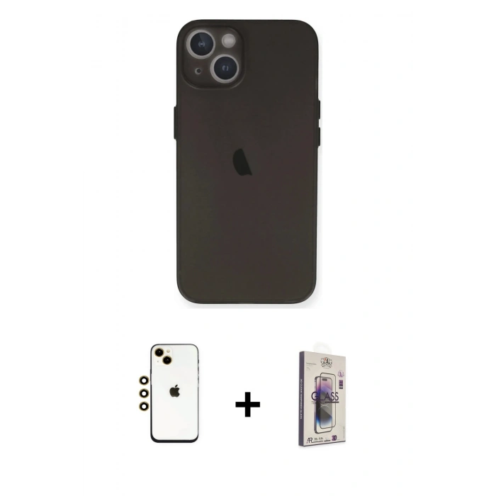 MARSİLYAN™- iPhone 14 Kılıf Yadigar Yansıma Serisi - Siyah Bilvis 3D Cam Ekran Koruyucu + Shine Kamera Lens - GD